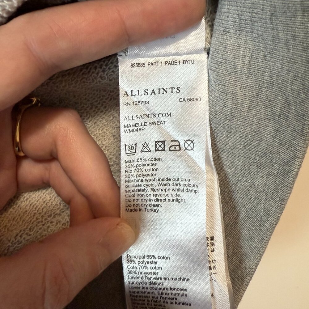 AllSaints Mabelle Cropped‎ Sweatshirt Women's XS Gray Distressed - Picture 6 of 7
